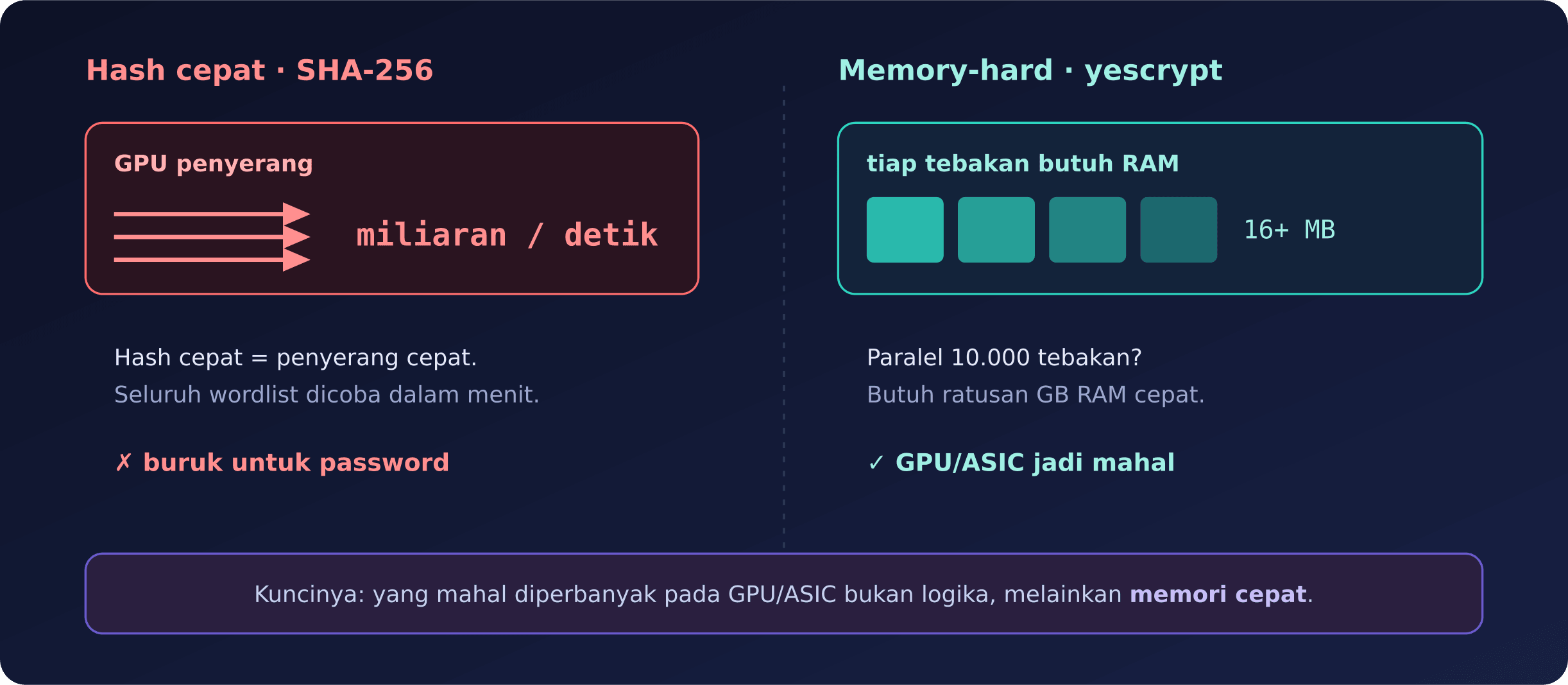 Tiga lapis pertahanan hash password: salt, lambat, memory-hard