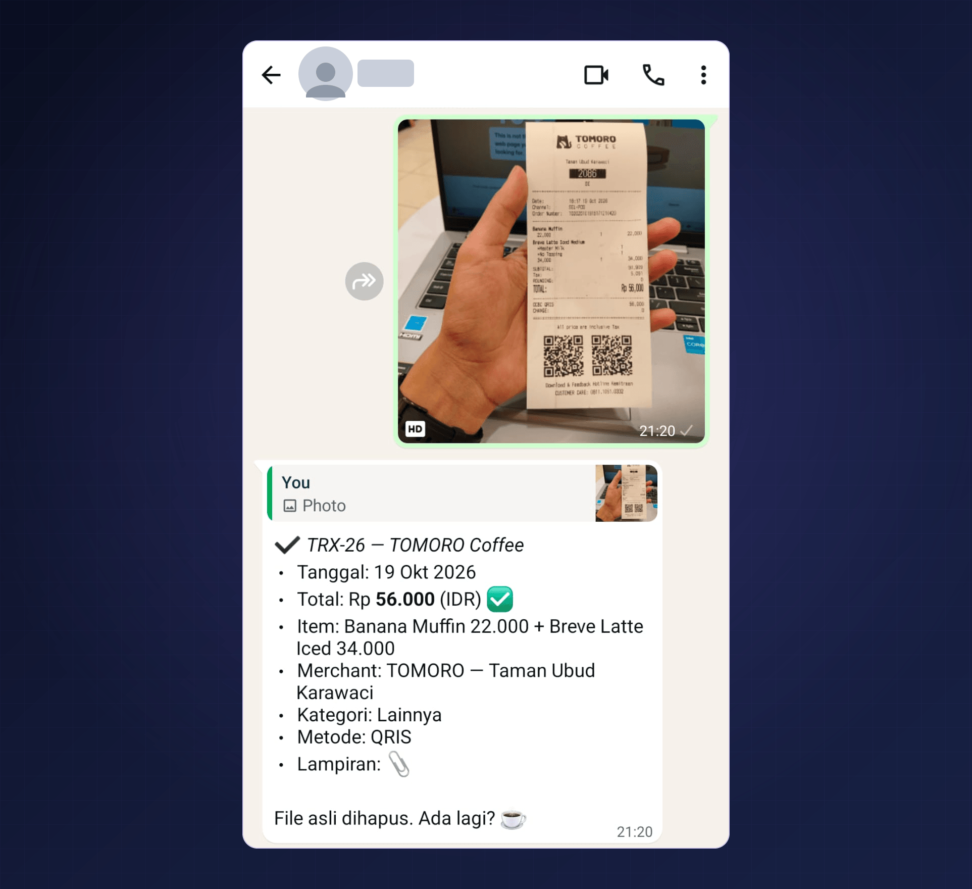 Foto struk dikirim ke bot WhatsApp, bot membalas ringkasan TRX-26