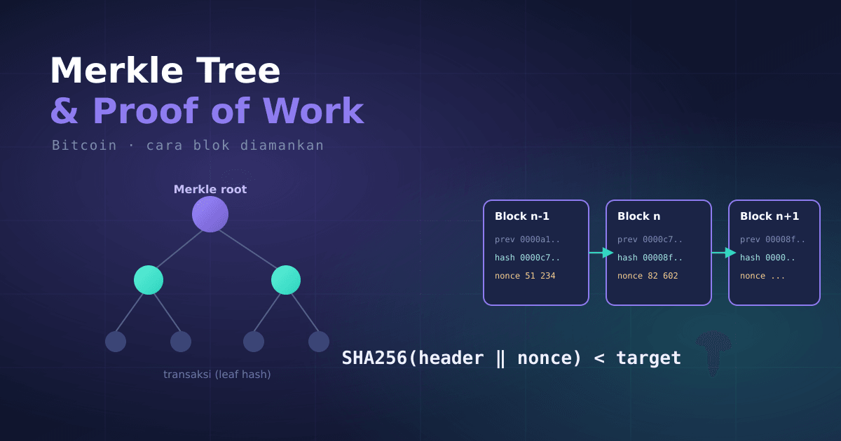 Bagaimana ribuan transaksi diringkas jadi satu Merkle root, dan bagaimana Proof of Work mengunci setiap blok lewat tebak-tebakan nonce. Lengkap dengan simulasi mining di Python.
